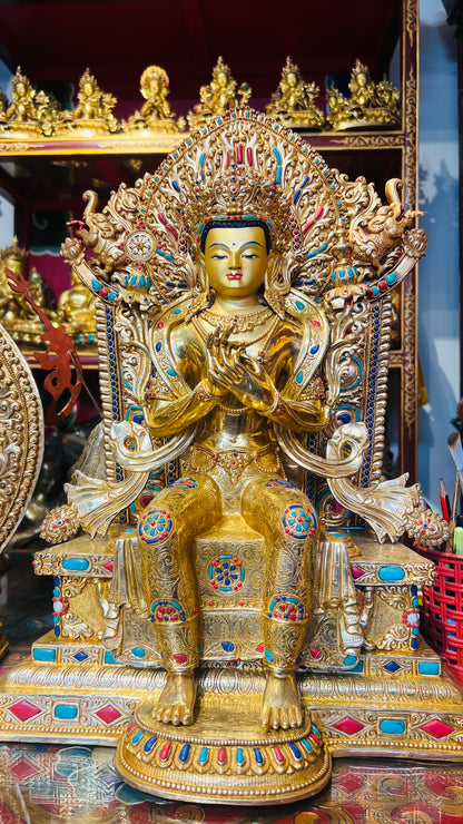 45cm Gilded Maitreya Buddha Statue with Crown – Handmade Copper Sculpture, Tibetan Style Future Buddha Art from Nepal
