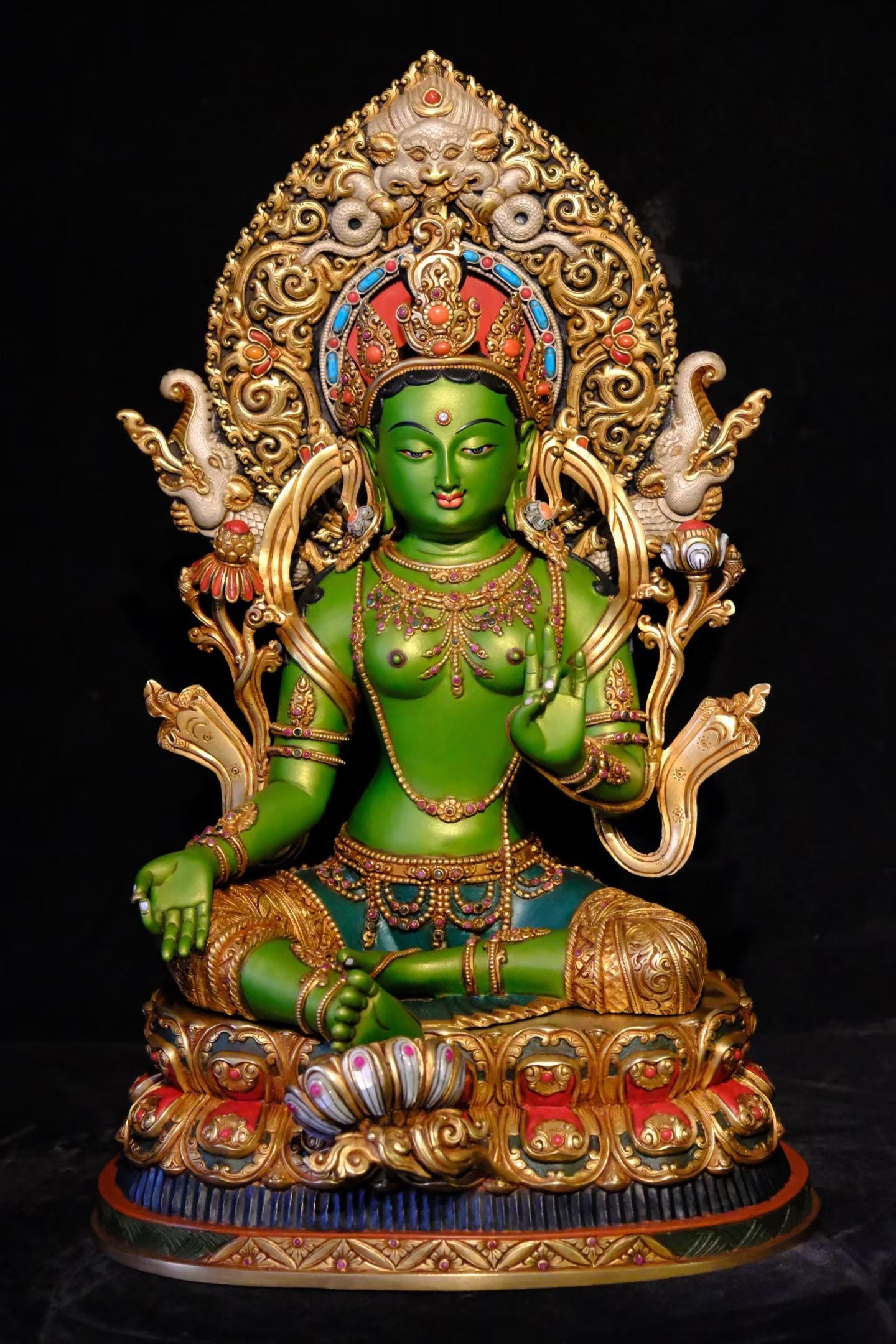 Green Tara (Mother of Liberation) Buddha Statue 42cm / 16.5" Hand-Carved Copper Gilded Painted with Mandorla – Masterwork Himalayan Art Nepal | Bo Tree Arts