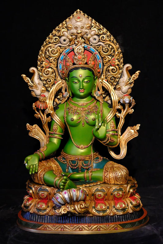 Green Tara (Mother of Liberation) Buddha Statue 42cm / 16.5" Hand-Carved Copper Gilded Painted with Mandorla – Masterwork Himalayan Art Nepal | Bo Tree Arts