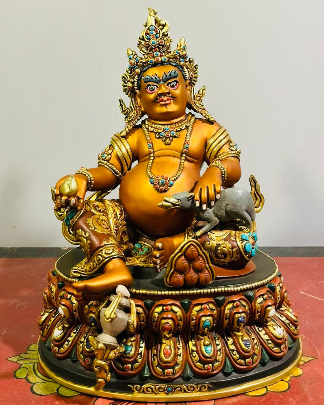 Yellow Jambhala (Wealth Deity) Buddha Statue 28cm / 11" Hand-Carved Copper Gilded Painted Himalayan Art Nepal | Bo Tree Arts