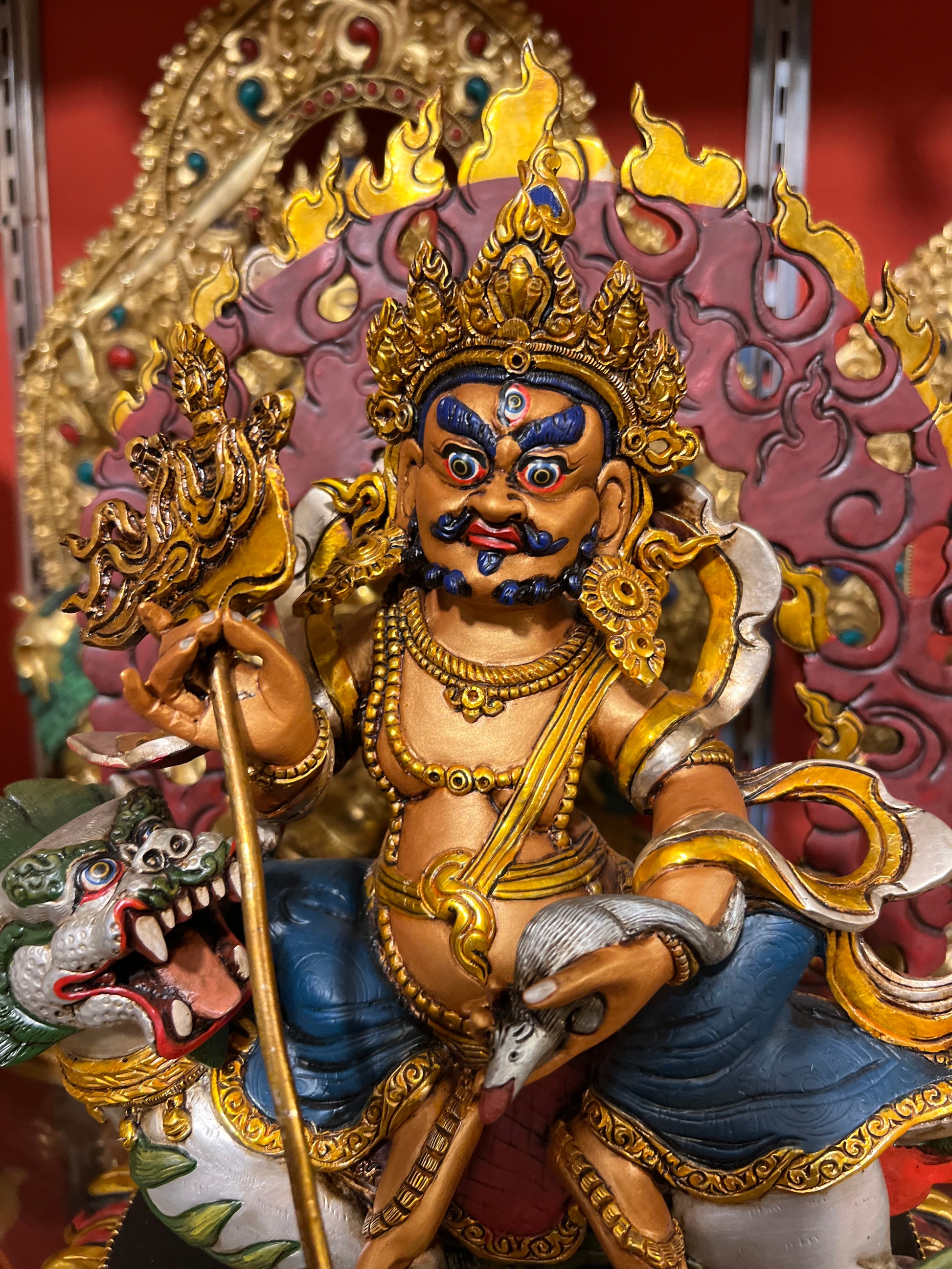 33cm Vaishravana Hand-Carved Pure Copper Painted Statue – Tibetan Buddhist Treasure King, Wealth Deity Sculpture from Nepal | Bo Tree Arts
