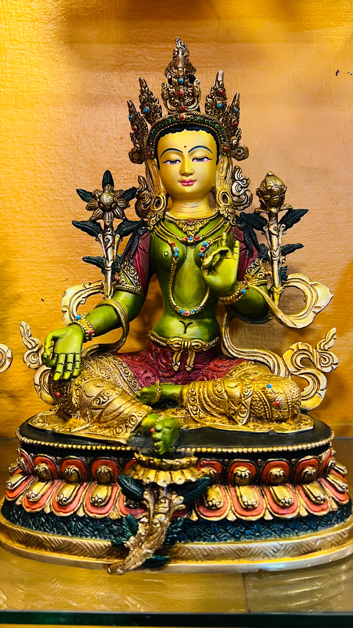 Green Tara Buddha Statue 33cm / 13" Hand-Carved Copper Painted – Ancient Technique Masterwork Himalayan Art Nepal – Handmade Tibetan Buddhist Statue, Lost-Wax Cast Himalayan Art from Nepal