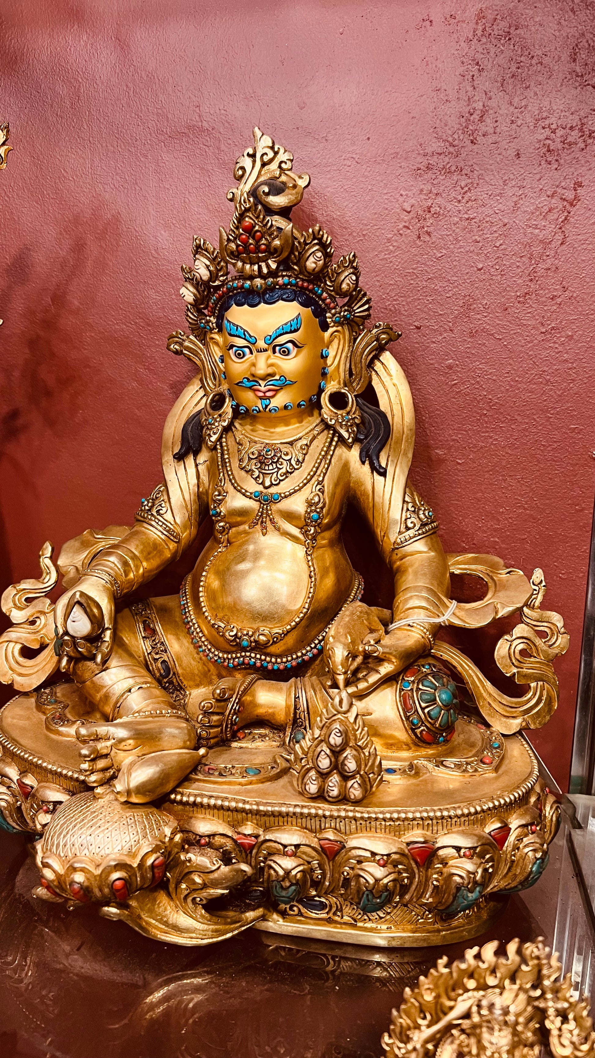 Yellow Jambhala Buddha Statue 34cm / 13.4" Hand-Carved Copper Gilded with Gemstone Inlay – Dzambhala Artisan Masterwork Nepal | Bo Tree Arts