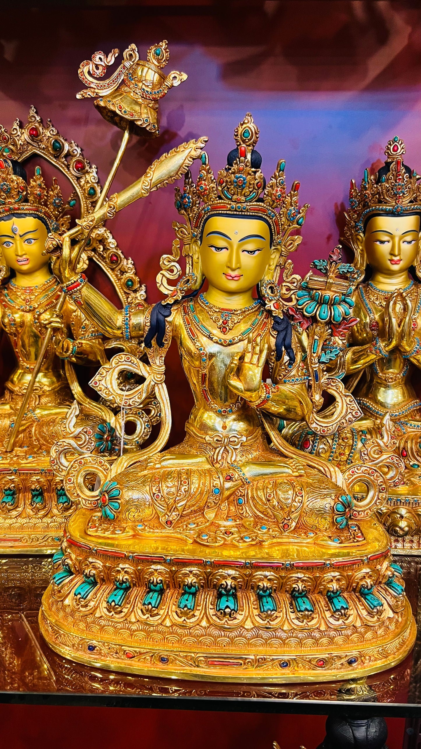 33cm Manjushri Statue Hand-Carved Copper Gilded with Gemstone Inlay – Tibetan Buddhist Wisdom Deity Masterwork Nepal – Handmade Tibetan Buddhist Statue, Lost-Wax Cast Himalayan Art from Nepal