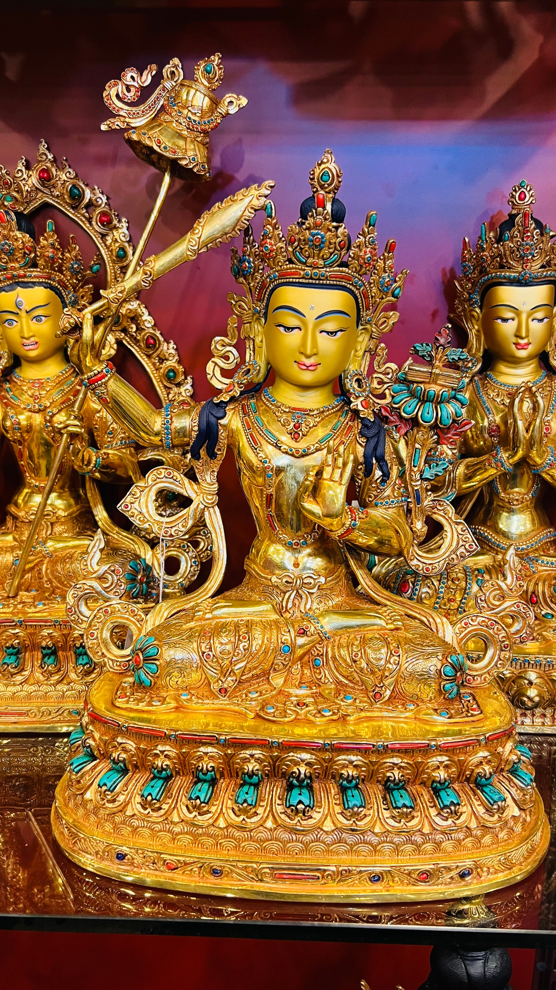33cm Manjushri Statue Hand-Carved Copper Gilded with Gemstone Inlay – Tibetan Buddhist Wisdom Deity Masterwork Nepal | Bo Tree Arts