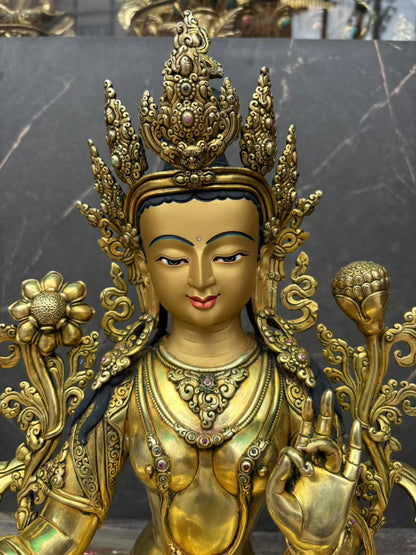 Green Tara (Mother of Liberation) Buddha Statue 49cm / 19.3" Hand-Carved Copper Gilded – Ancient Himalayan Art Nepal