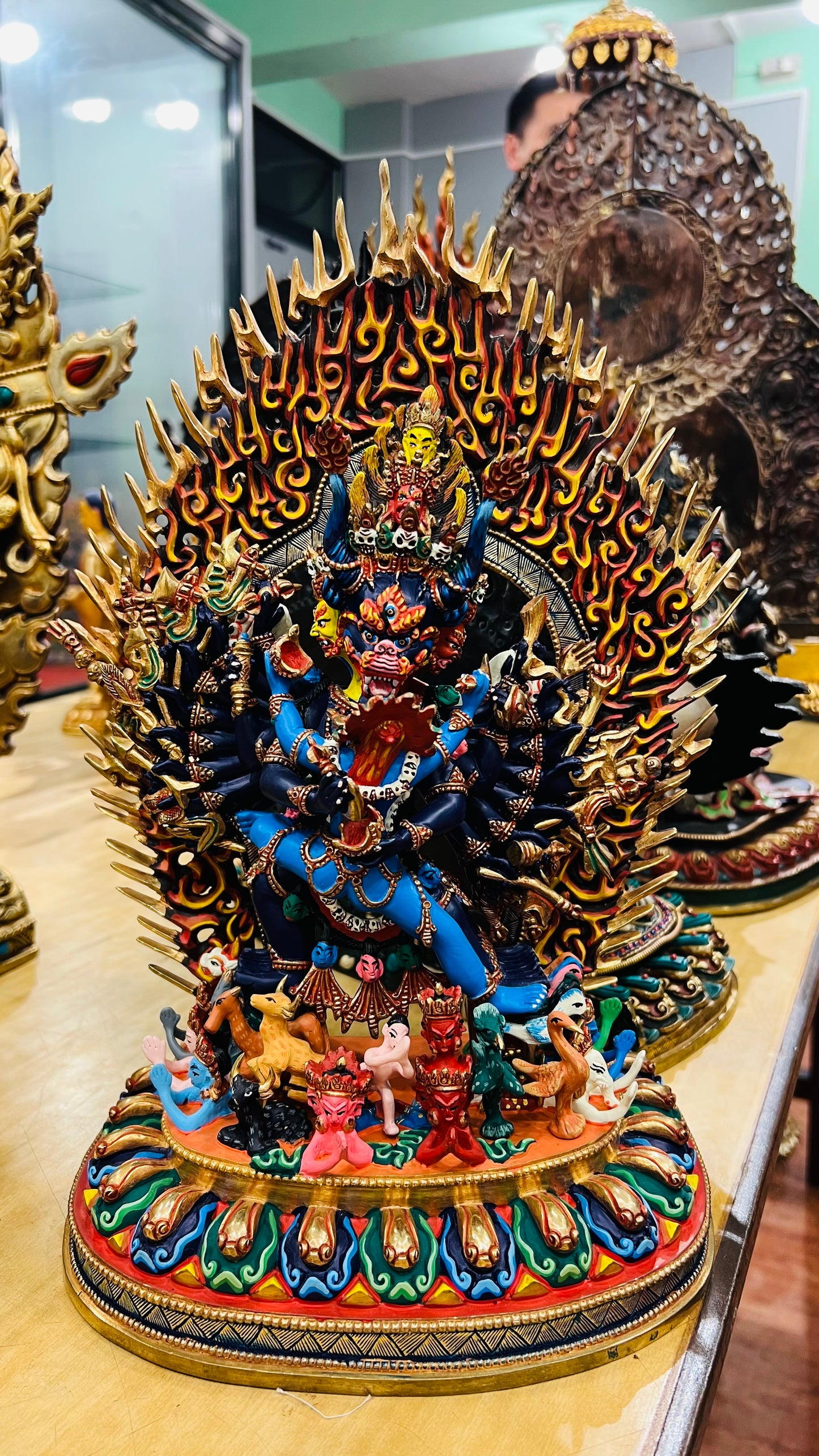 Yamantaka Yab-Yum Statue 37cm / 14.6" Hand-Carved Copper Painted – Vajrabhairava Artisan Masterwork Nepal – Handmade Tibetan Buddhist Statue, Lost-Wax Cast Himalayan Art from Nepal