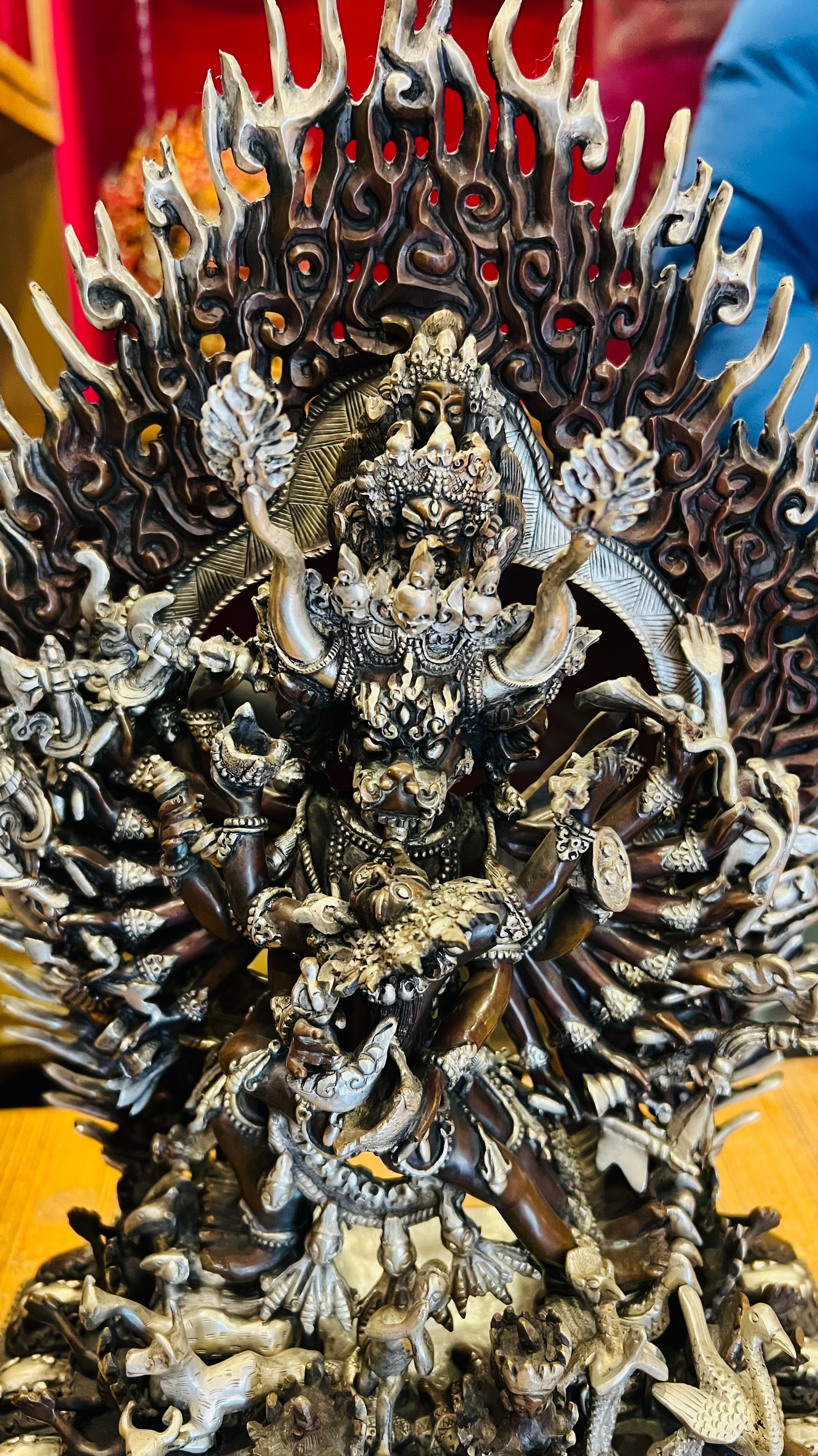 Yamantaka Yab-Yum Statue 37cm / 14.6" Hand-Carved Copper with Silver-Gilt Finish – Vajrabhairava Artisan Masterwork Nepal | Bo Tree Arts