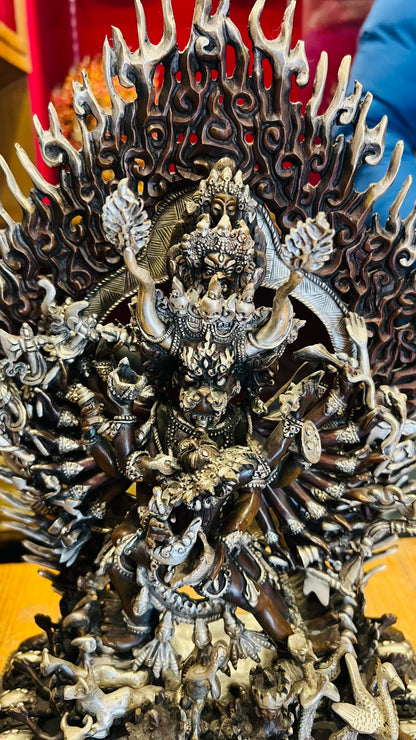 Yamantaka Yab-Yum Statue 37cm / 14.6" Hand-Carved Copper with Silver-Gilt Finish – Vajrabhairava Artisan Masterwork Nepal