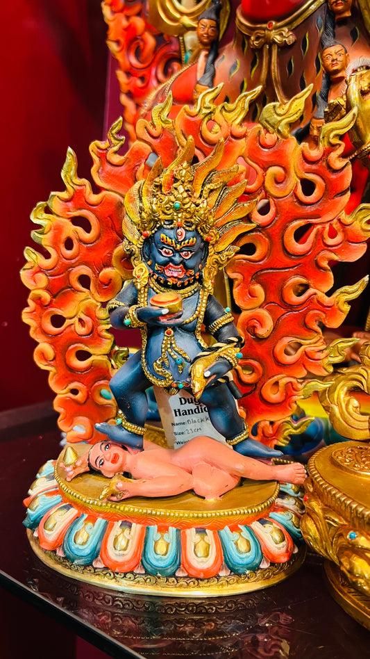 21cm Black Jambhala Statue Hand-Carved Copper Painted with Flaming Mandorla – Blue-Black Body with Red & Yellow Flames, Tibetan Style Wealth Deity Masterwork Nepal | Bo Tree Arts