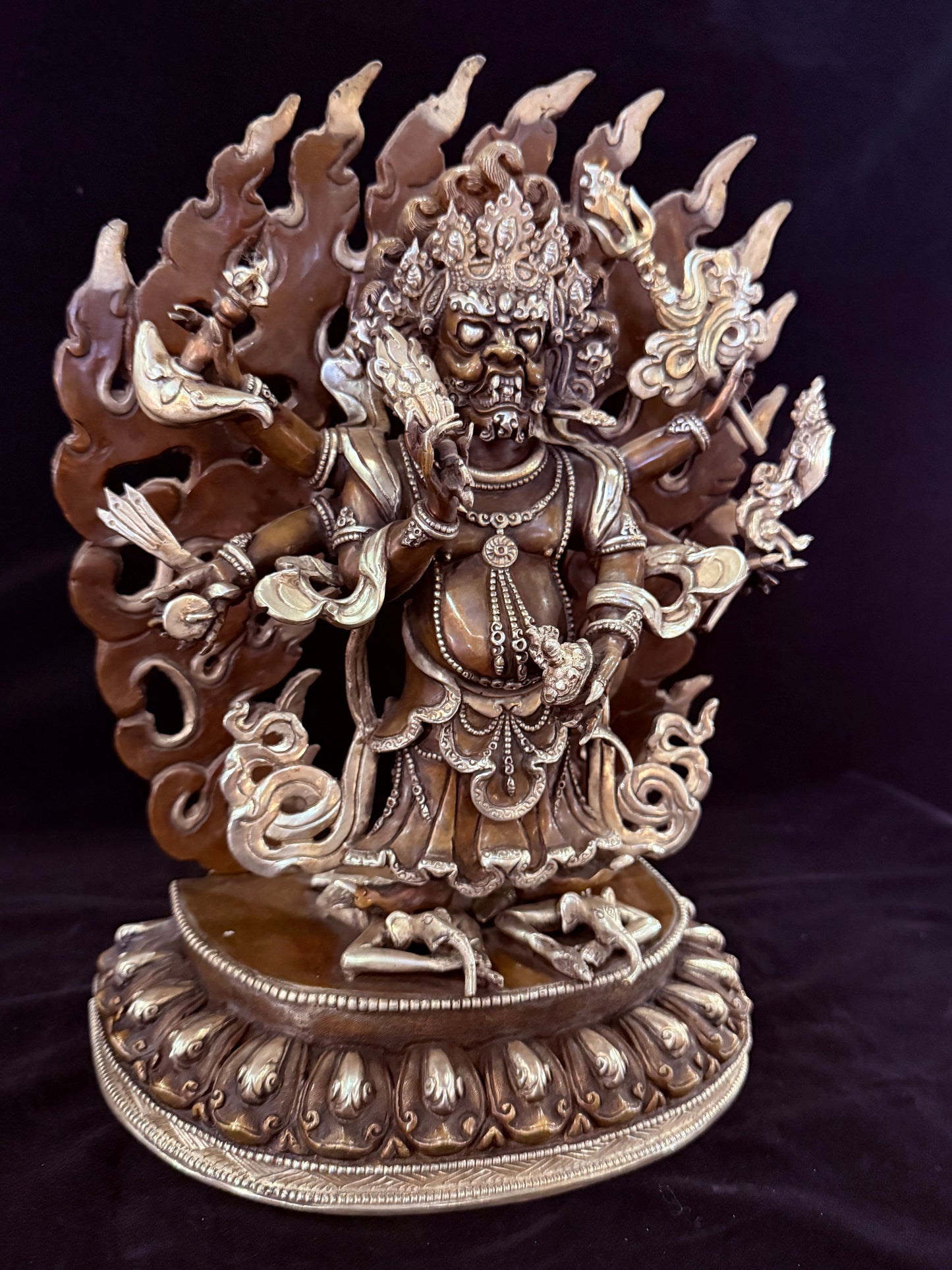 White Mahakala Buddha Statue 34cm / 13.4" Hand-Carved Copper Silver-Gilt – Shadbhuja Sita Botree Arts Masterwork – Handmade Tibetan Buddhist Statue, Lost-Wax Cast Himalayan Art from Nepal