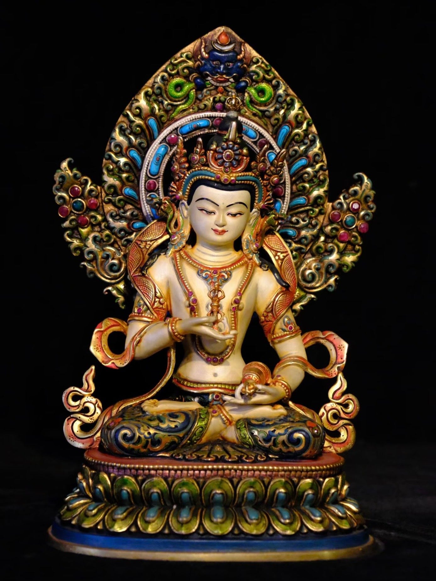 Vajrasattva (Dorje Sempa) Buddha Statue 28cm / 11" Hand-Carved Copper Gilded Painted with Gemstone Inlay – Himalayan Art Nepal – Handmade Tibetan Buddhist Statue, Lost-Wax Cast Himalayan Art from Nepal