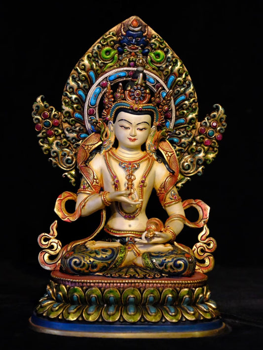 Vajrasattva (Dorje Sempa) Buddha Statue 28cm / 11" Hand-Carved Copper Gilded Painted with Gemstone Inlay – Himalayan Art Nepal | Bo Tree Arts