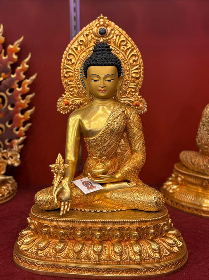 Medicine Buddha (Bhaishajyaguru) Statue 49cm / 19.3" Hand-Carved Copper Gilded with Mandorla -Himalayan Art Nepal