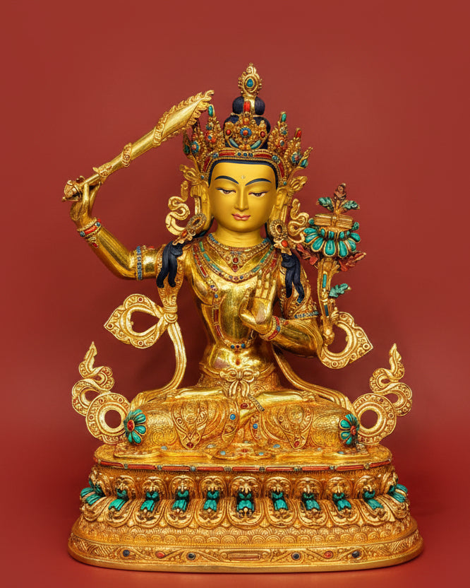 Manjushri Buddha Statue 33cm / 13" Hand-Carved Copper Gilded with Gemstone Inlay – Bodhisattva of Wisdom Handmade in Nepal – Handmade Tibetan Buddhist Statue, Lost-Wax Cast Himalayan Art from Nepal
