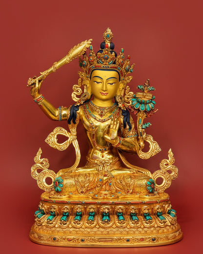 Manjushri Buddha Statue 33cm / 13" Hand-Carved Copper Gilded with Gemstone Inlay – Bodhisattva of Wisdom Handmade in Nepal