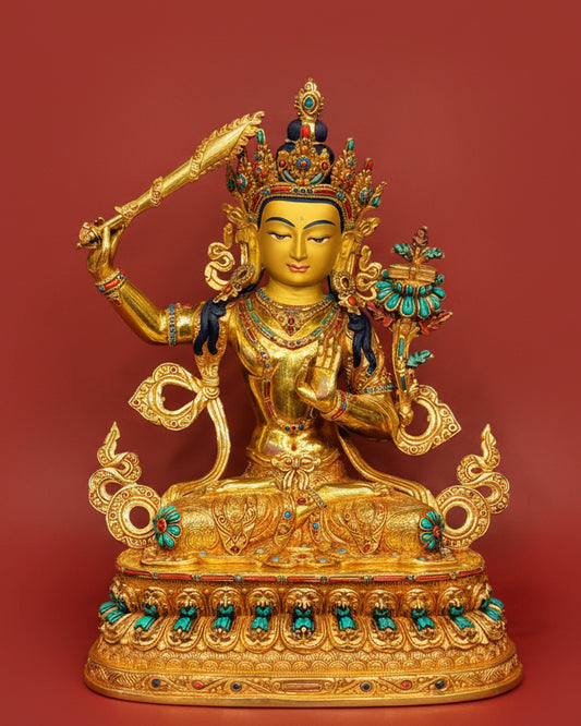 Manjushri Buddha Statue 33cm / 13" Hand-Carved Copper Gilded with Gemstone Inlay – Bodhisattva of Wisdom Handmade in Nepal | Bo Tree Arts