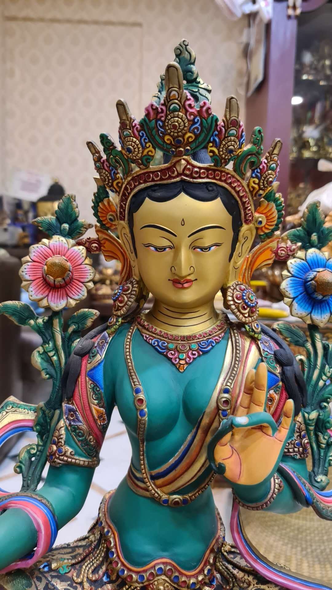 48cm Green Tara Statue Hand-Carved Copper Gilded & Painted – Serene Expression Tibetan Style Bodhisattva Masterwork Nepal – Handmade Tibetan Buddhist Statue, Lost-Wax Cast Himalayan Art from Nepal