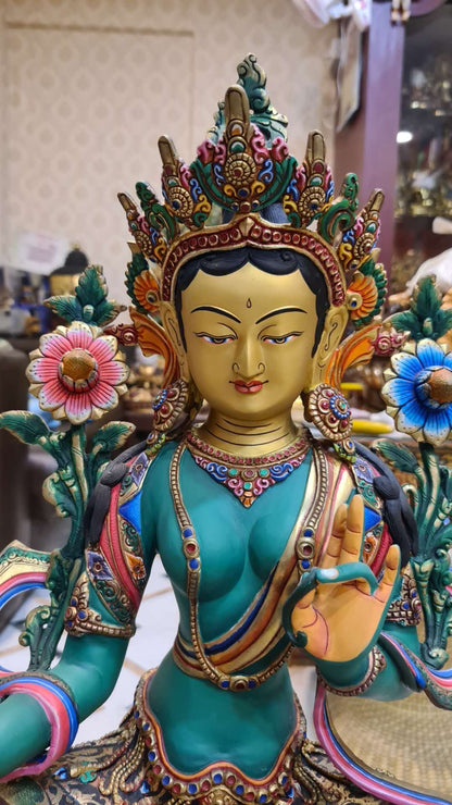 48cm Green Tara Statue Hand-Carved Copper Gilded & Painted – Serene Expression Tibetan Style Bodhisattva Masterwork Nepal