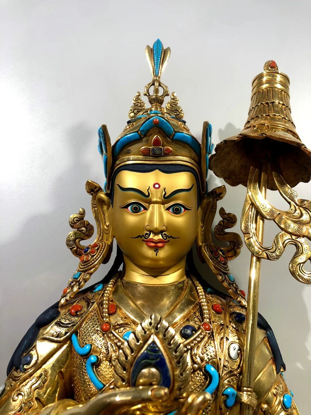 Guru Jambhala Buddha Statue 48cm / 18.9" Hand-Carved Copper Gilded with Gemstone Inlay – Lotus-Born Wealth Deity Himalayan Art Collection Nepal – Handmade Tibetan Buddhist Statue, Lost-Wax Cast Himalayan Art from Nepal