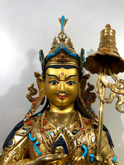 Guru Jambhala Buddha Statue 48cm / 18.9" Hand-Carved Copper Gilded with Gemstone Inlay – Lotus-Born Wealth Deity Himalayan Art Collection Nepal