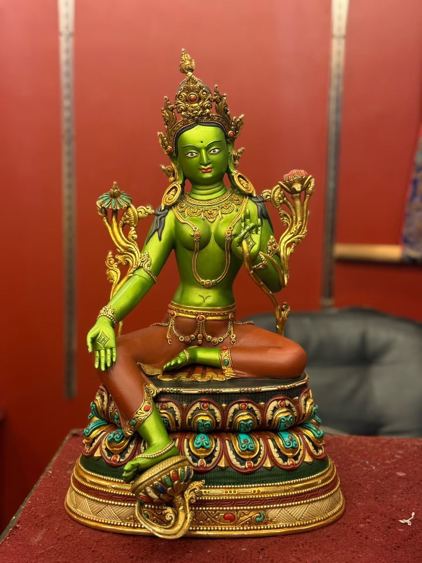 46cm Green Tara Statue Hand-Carved Copper Painted with Gemstone Inlay – Tibetan Buddhist Deity Masterwork Nepal | Bo Tree Arts