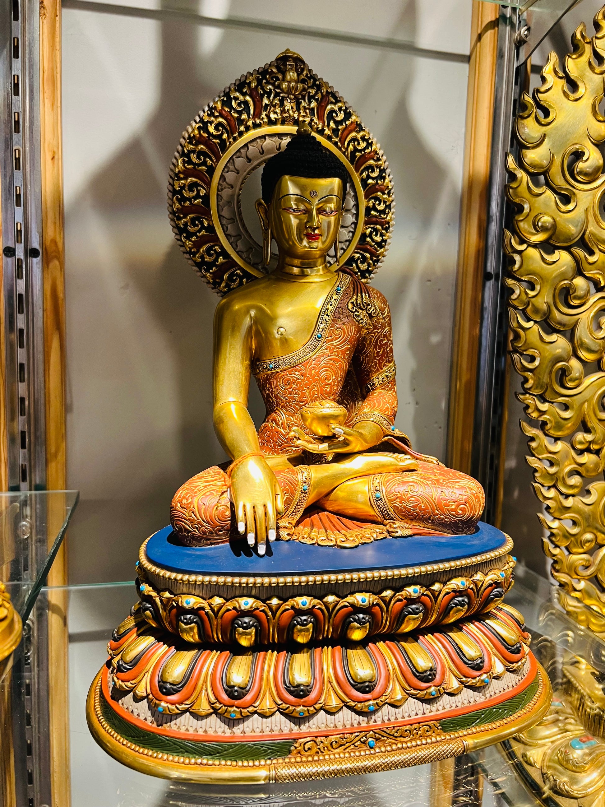 Shakyamuni Buddha Statue 38cm / 15" Hand-Carved Copper Gilded & Painted with Mandorla – Historical Buddha Museum-Quality Collection Nepal | Bo Tree Arts