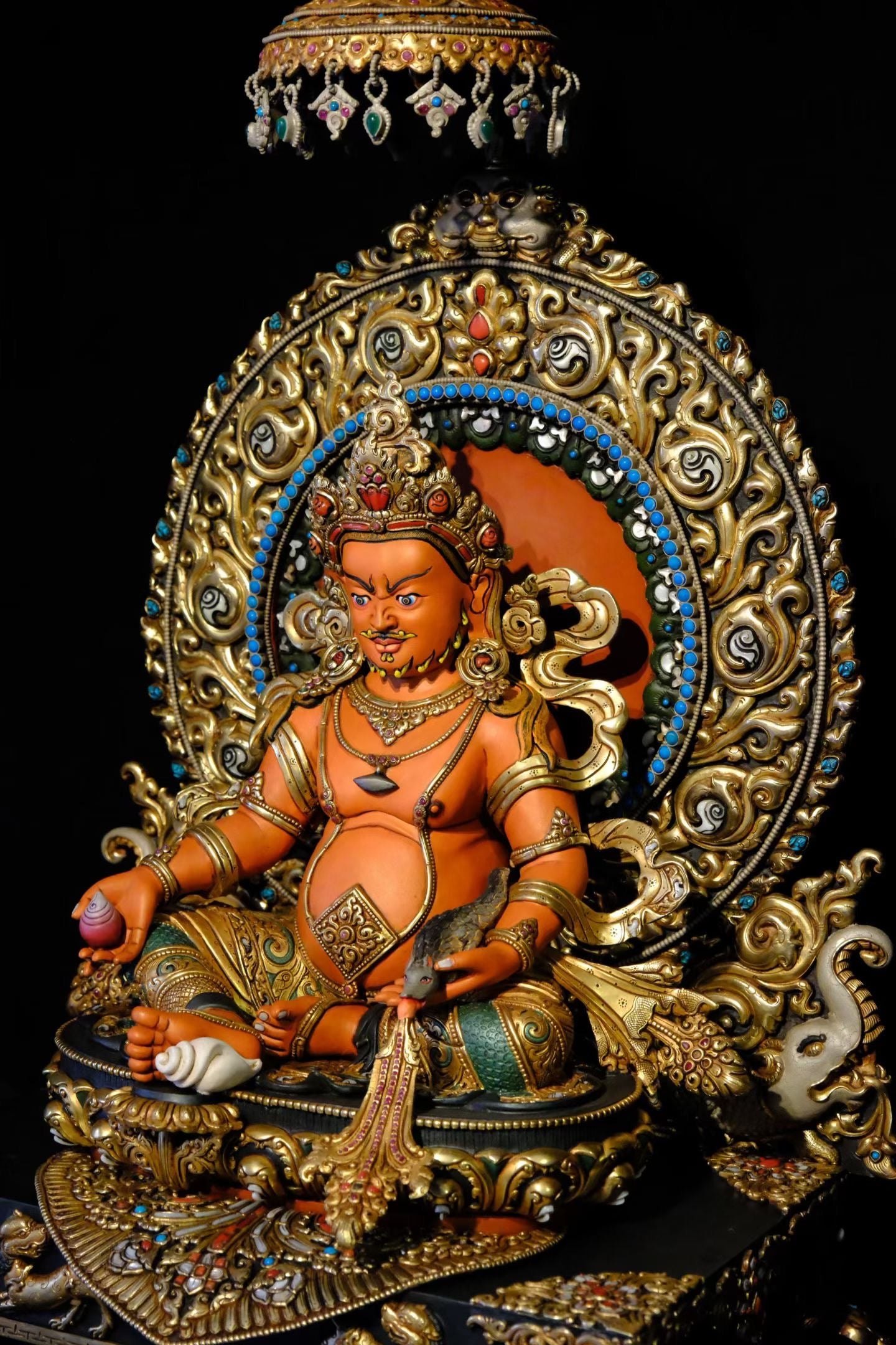 Yellow Jambhala Buddha Statue 58cm / 22.8" Hand-Carved Copper Painted with Gemstone Inlay – Traditional Himalayan Art Collection Nepal | Bo Tree Arts