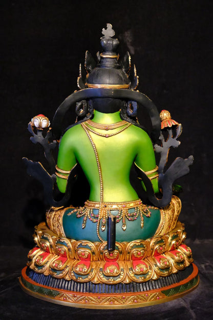 Green Tara (Mother of Liberation) Buddha Statue 42cm / 16.5" Hand-Carved Copper Gilded Painted with Mandorla – Masterwork Himalayan Art Nepal