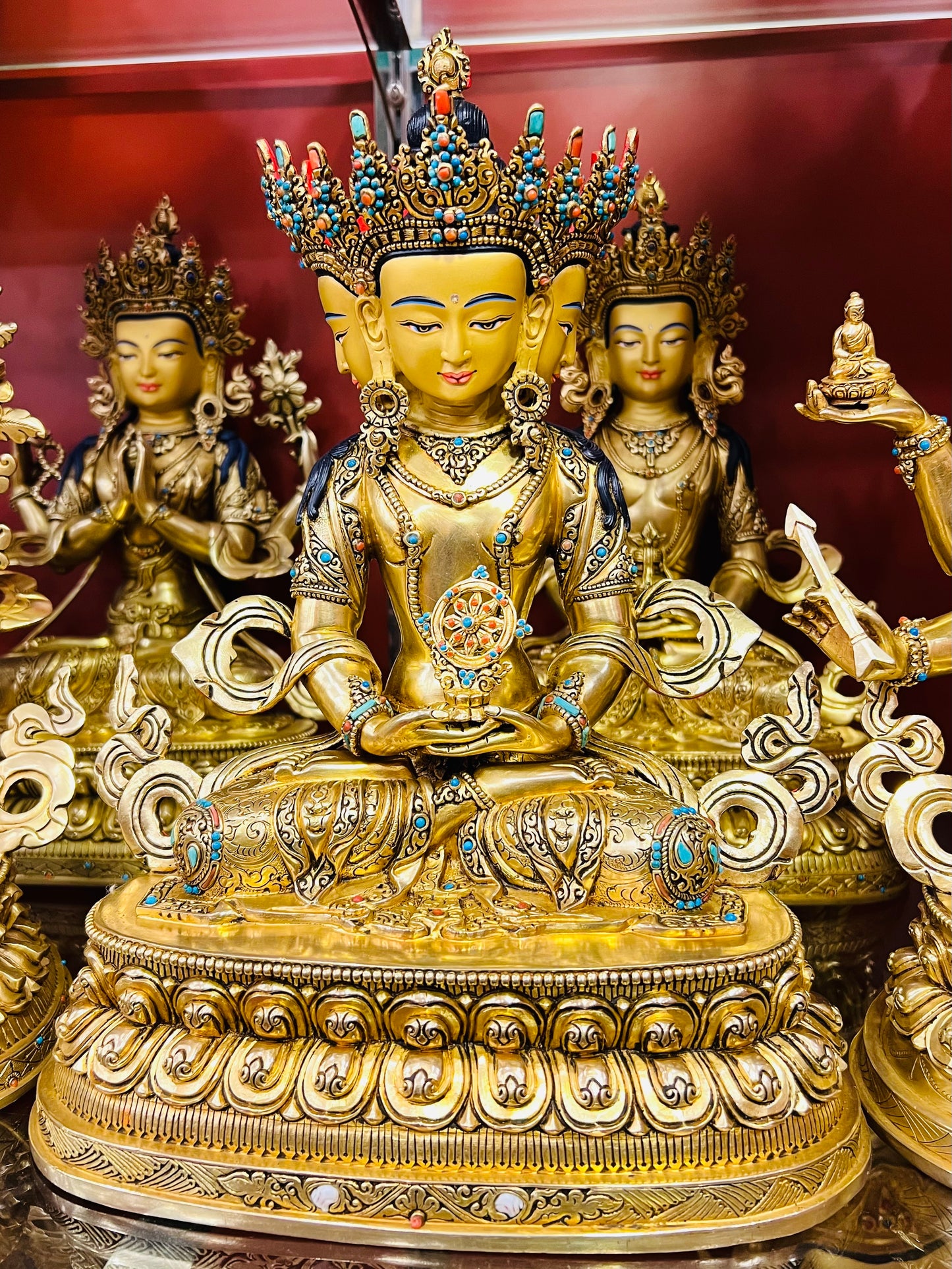 Vairochana Buddha Statue 34cm / 13.4" Hand-Carved Copper Gilded with Gemstone Inlay – Cosmic Buddha Masterwork Sculpture – Handmade Tibetan Buddhist Statue, Lost-Wax Cast Himalayan Art from Nepal