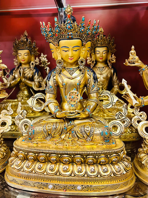Vairochana Buddha Statue 34cm / 13.4" Hand-Carved Copper Gilded with Gemstone Inlay – Cosmic Buddha Masterwork Sculpture