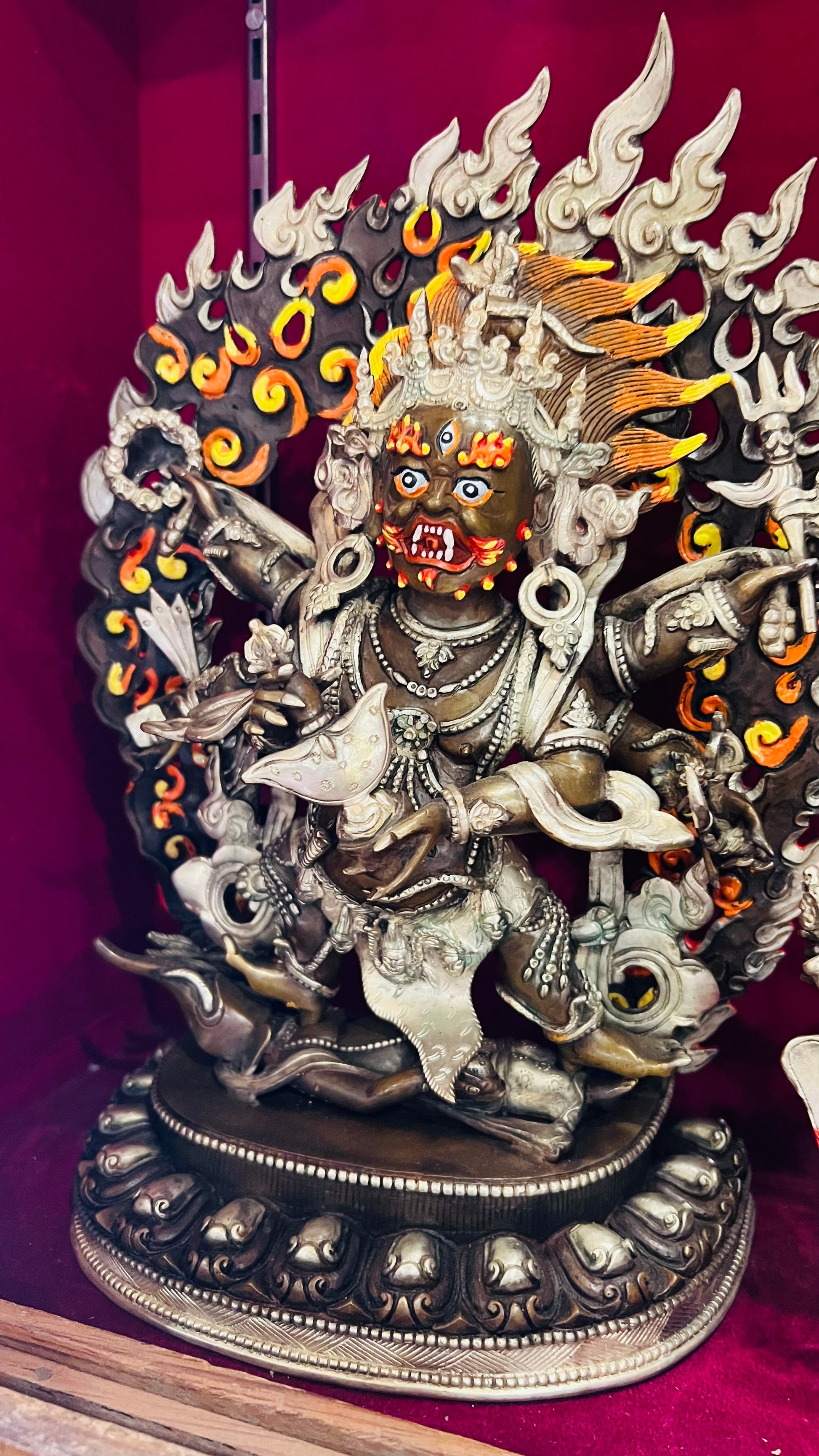 Six-Armed Mahakala Statue 33cm / 13" Hand-Carved Copper with Silver-Gilt & Painted Finish – Shadbhuja Protector Masterwork Nepal | Bo Tree Arts