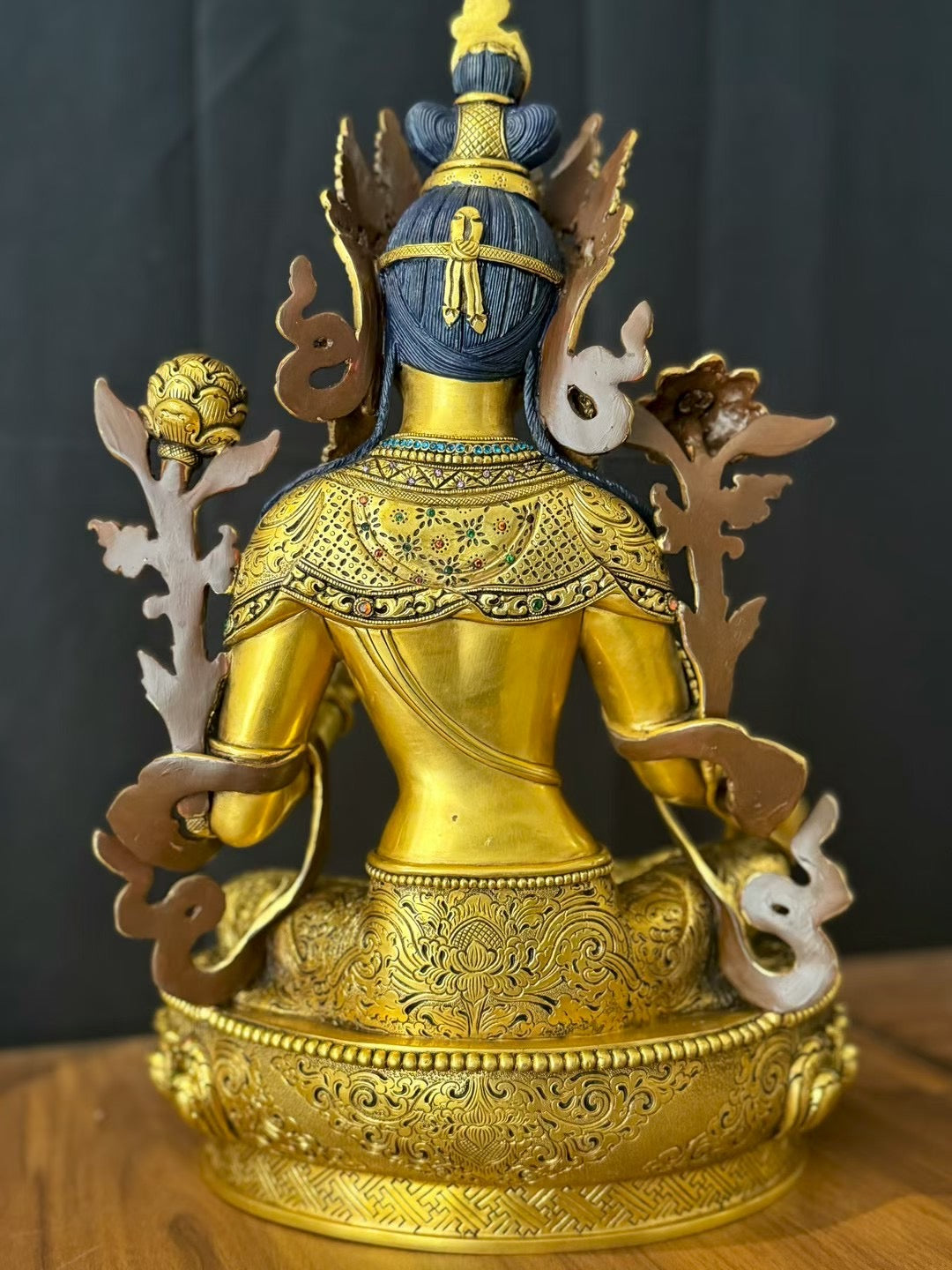 Green Tara (Mother of Liberation) Buddha Statue 36cm / 14.2" Hand-Carved Copper Gilded Painted with Gemstone Inlay – Masterwork by PaTam Himalayan Art Nepal – Handmade Tibetan Buddhist Statue, Lost-Wax Cast Himalayan Art from Nepal