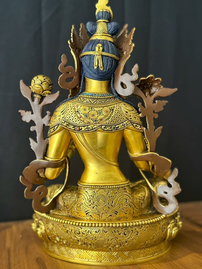 Green Tara (Mother of Liberation) Buddha Statue 36cm / 14.2" Hand-Carved Copper Gilded Painted with Gemstone Inlay – Masterwork by PaTam Himalayan Art Nepal
