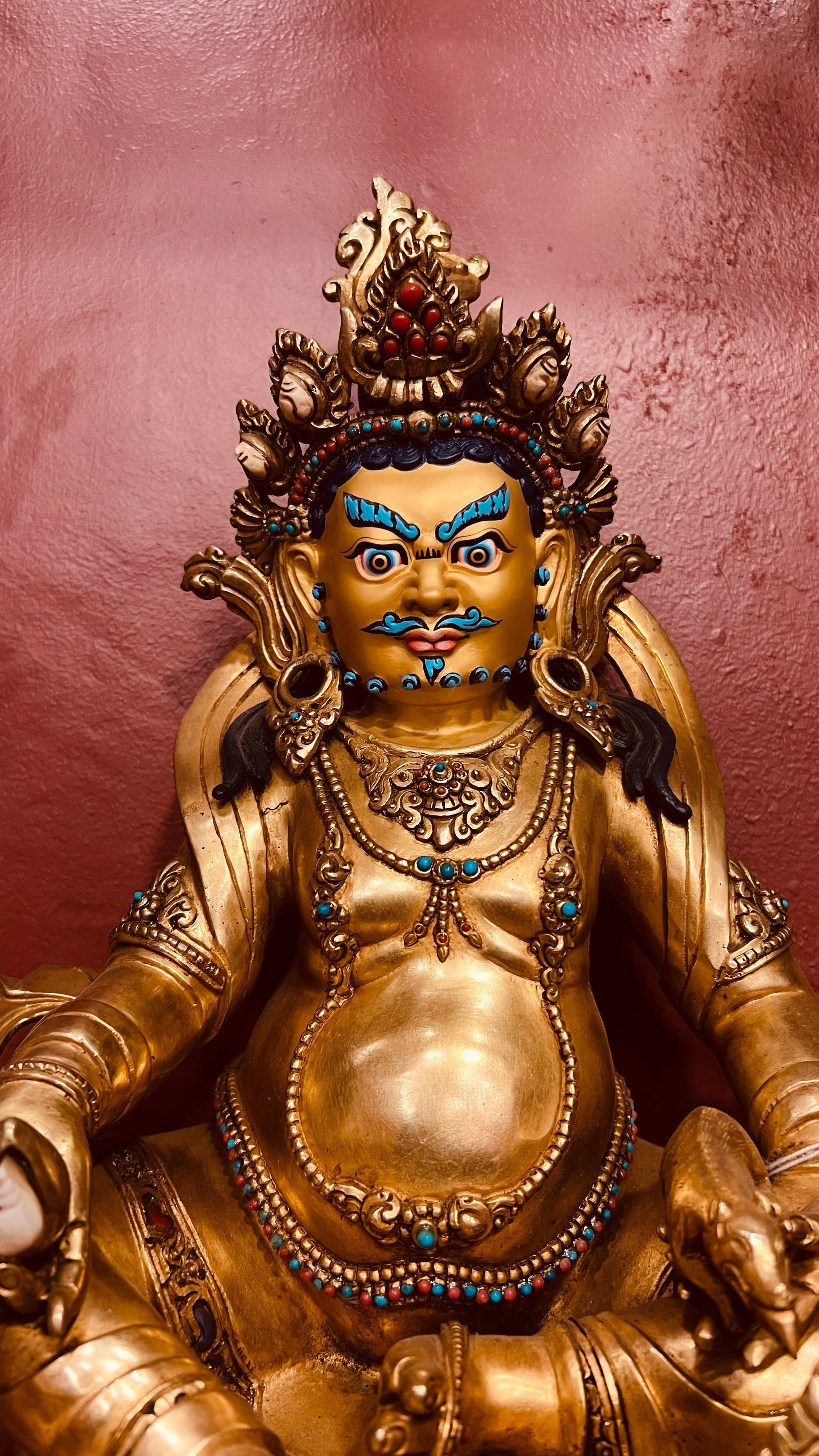 Yellow Jambhala Buddha Statue 34cm / 13.4" Hand-Carved Copper Gilded with Gemstone Inlay – Dzambhala Artisan Masterwork Nepal | Bo Tree Arts