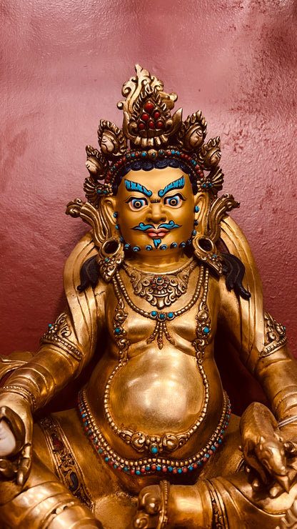 Yellow Jambhala Buddha Statue 34cm / 13.4" Hand-Carved Copper Gilded with Gemstone Inlay – Dzambhala Artisan Masterwork Nepal