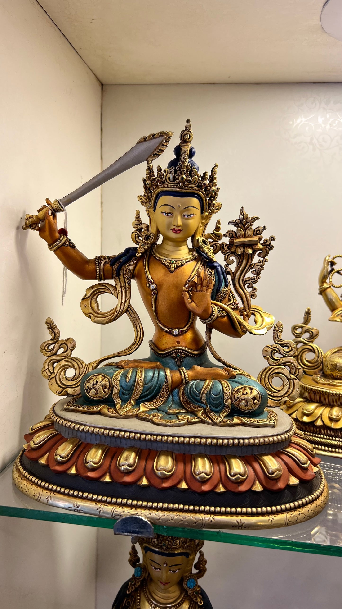 Manjushri Hand-Carved Copper Gilded & Painted Statue 23cm / 9" – Ancient Technique Tibetan Style Wisdom Bodhisattva Masterwork Himalayan Art Nepal – Handmade Tibetan Buddhist Statue, Lost-Wax Cast Himalayan Art from Nepal
