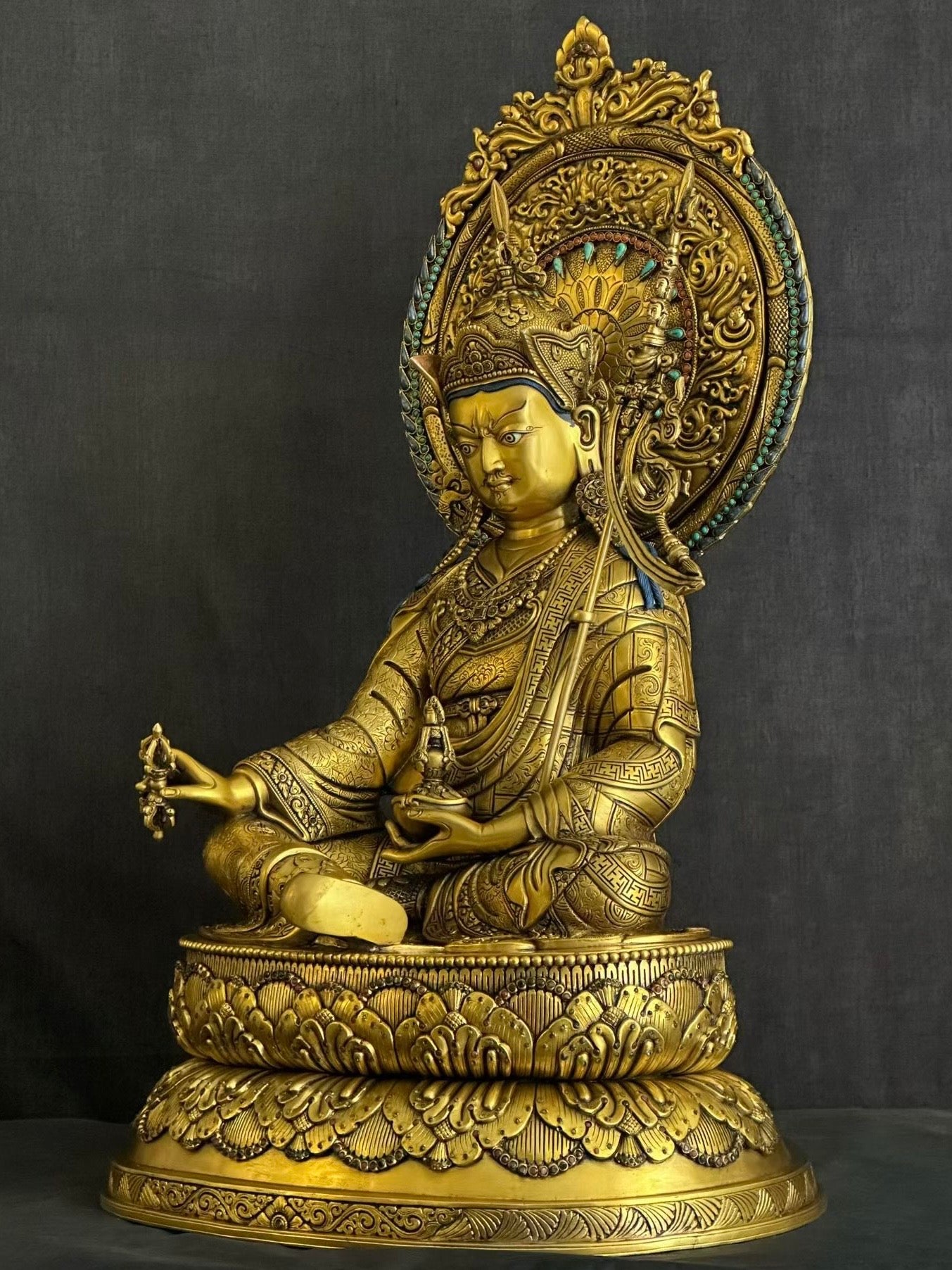 Padmasambhava (Guru Rinpoche) Buddha Statue  (48cm / 18.9" with Mandorla) Hand-Carved Copper with Gold-Gilded Face – Museum-Quality Rare Himalayan Art Nepal – Handmade Tibetan Buddhist Statue, Lost-Wax Cast Himalayan Art from Nepal