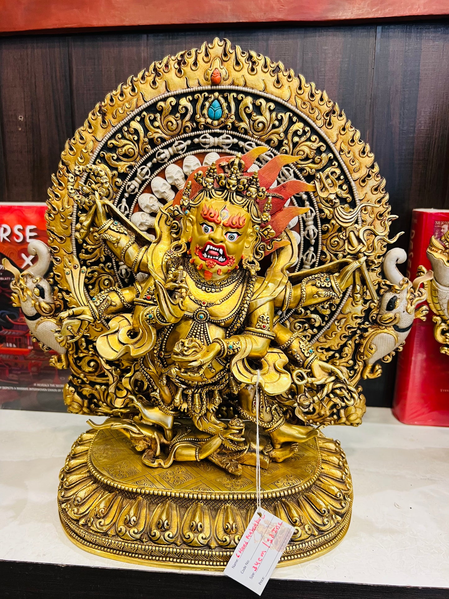 Six-Armed Mahakala (Great Black Protector) Statue 33cm / 13" Hand-Carved Copper Gilded with Mandorla – Masterwork Himalayan Art Nepal – Handmade Tibetan Buddhist Statue, Lost-Wax Cast Himalayan Art from Nepal