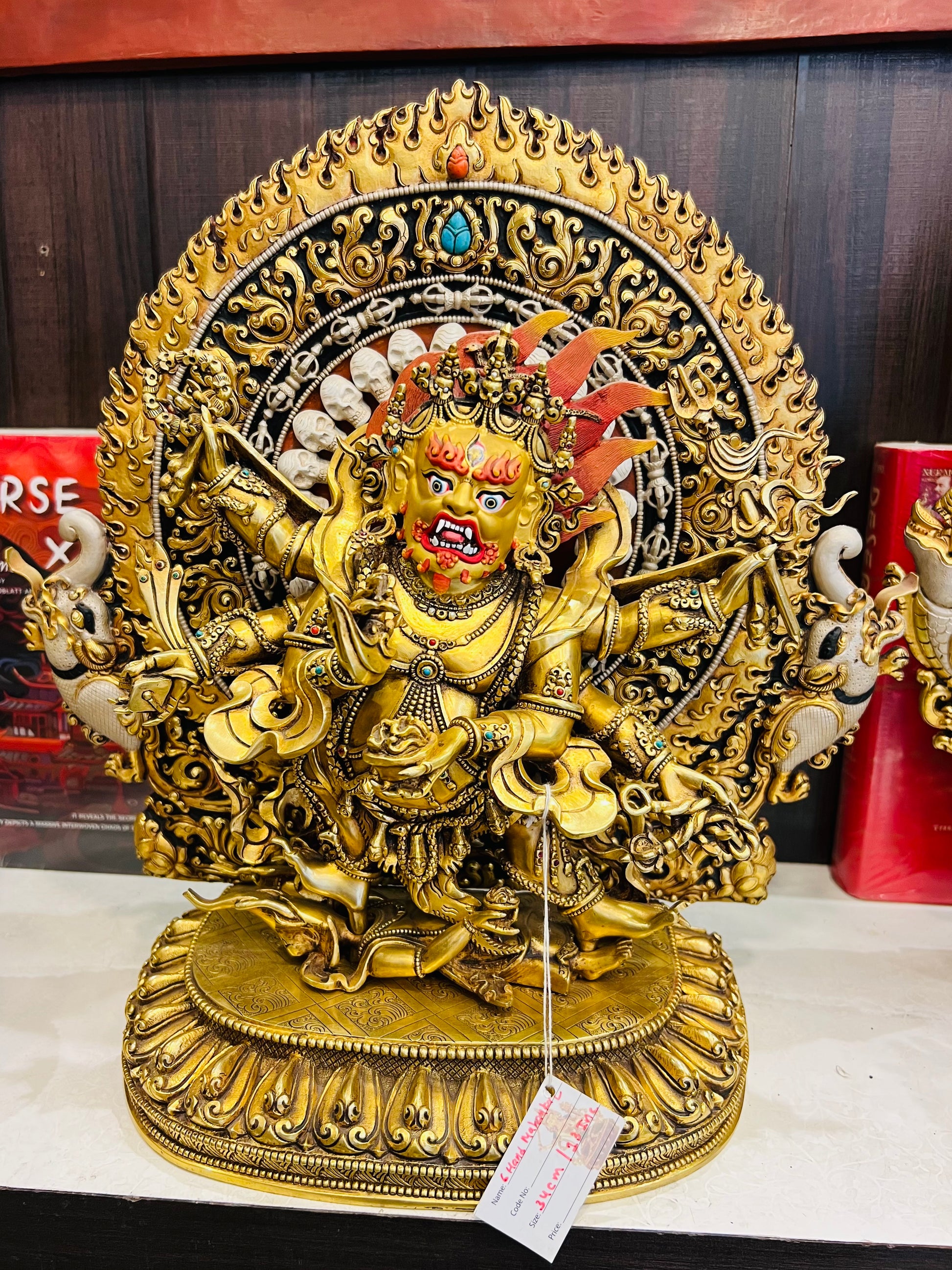 Six-Armed Mahakala (Great Black Protector) Statue 33cm / 13" Hand-Carved Copper Gilded with Mandorla – Masterwork Himalayan Art Nepal | Bo Tree Arts