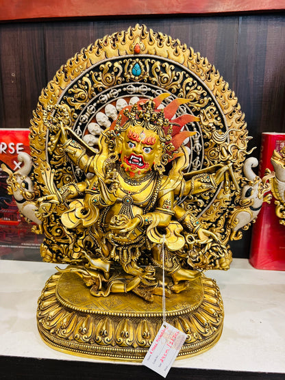 Six-Armed Mahakala (Great Black Protector) Statue 33cm / 13" Hand-Carved Copper Gilded with Mandorla – Masterwork Himalayan Art Nepal