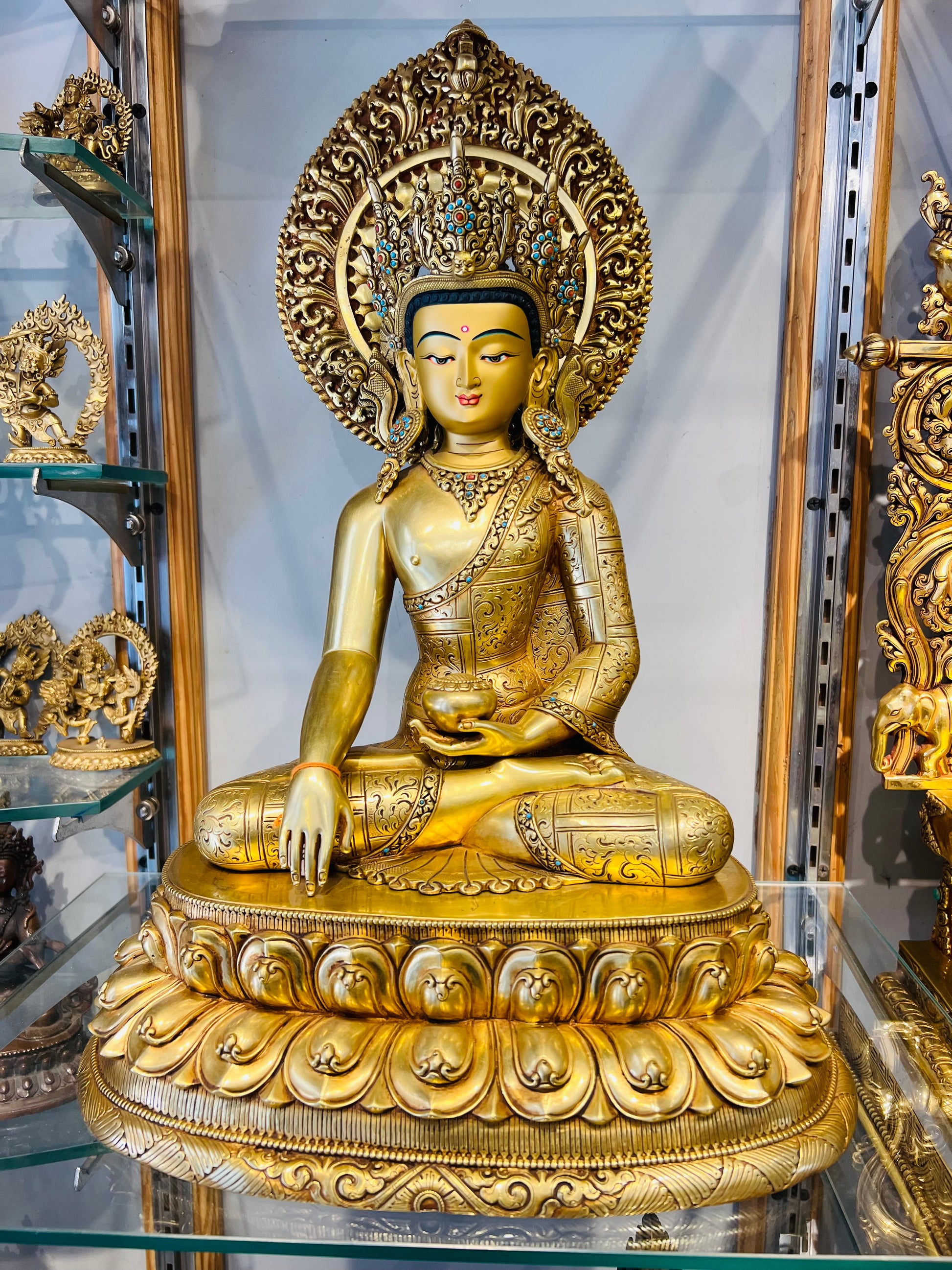 Shakyamuni Buddha Statue 40cm / 15.7" Hand-Carved Copper Gilded with Mandorla – Historical Buddha Botree Arts Himalayan Art | Bo Tree Arts