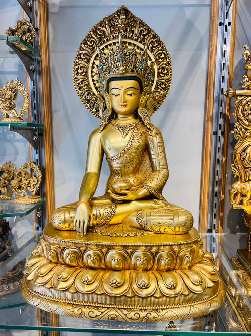 Shakyamuni Buddha Statue 40cm / 15.7" Hand-Carved Copper Gilded with Mandorla – Historical Buddha Botree Arts Himalayan Art