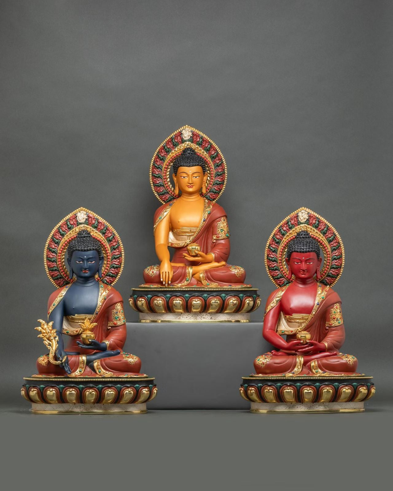 Triple Gem Buddha (Shakyamuni Medicine Buddha Amitabha) Statues 50cm / 19.7" Hand-Carved Copper Gilded Painted – Handmade in Nepal | Bo Tree Arts