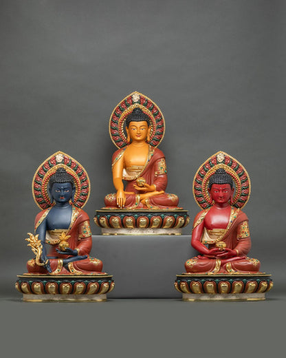 Triple Gem Buddha (Shakyamuni Medicine Buddha Amitabha) Statues 50cm / 19.7" Hand-Carved Copper Gilded Painted – Handmade in Nepal