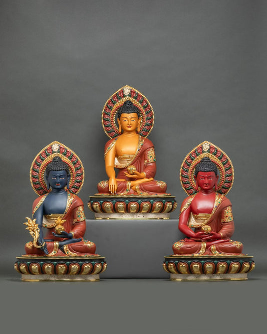 Triple Gem Buddha (Shakyamuni Medicine Buddha Amitabha) Statues 50cm / 19.7" Hand-Carved Copper Gilded Painted – Handmade in Nepal | Bo Tree Arts
