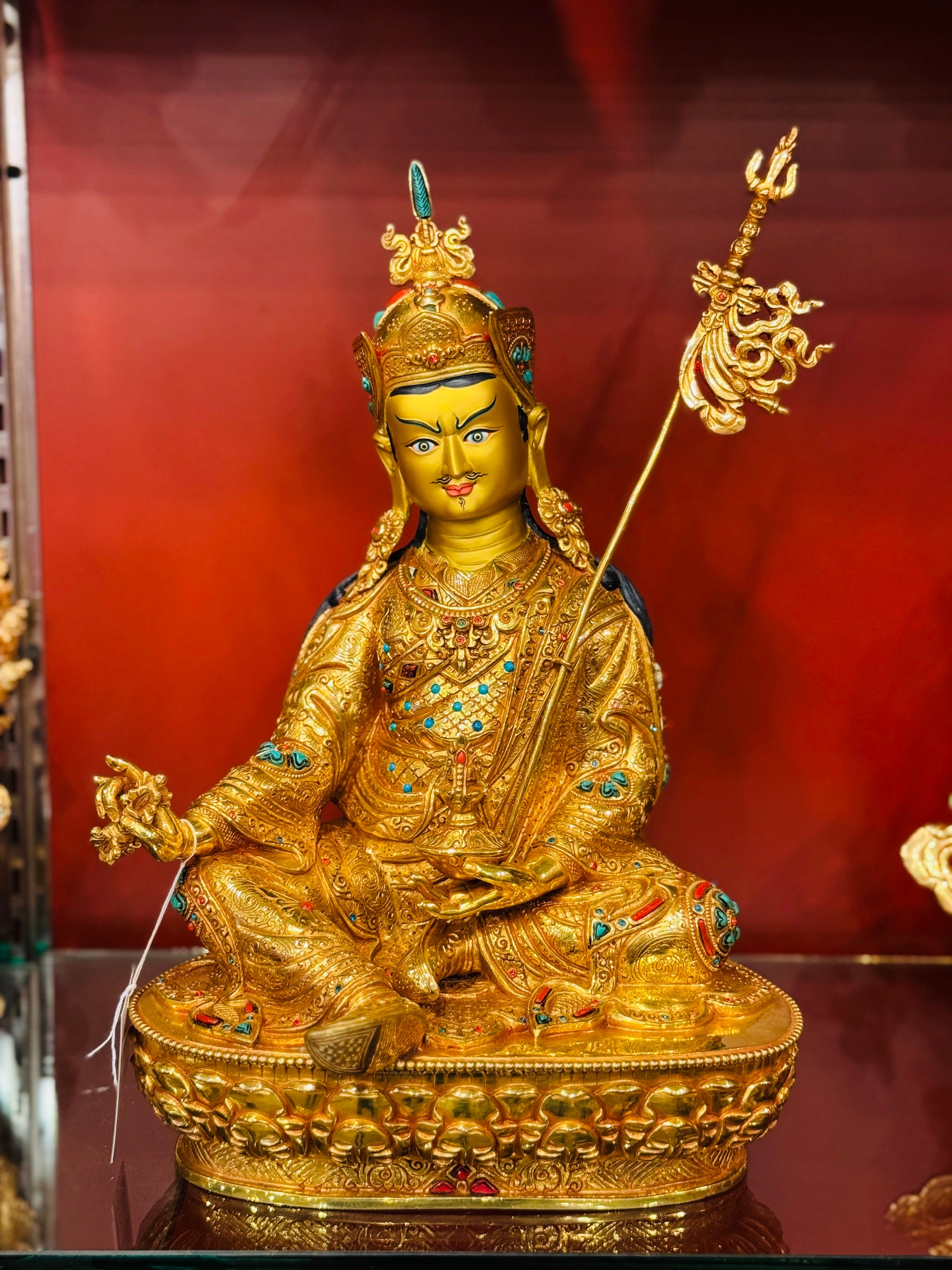 Guru Rinpoche Buddha Statue 33cm / 13" Hand-Carved Copper Gilded with Gemstone Inlay – from Nepal | Bo Tree Arts