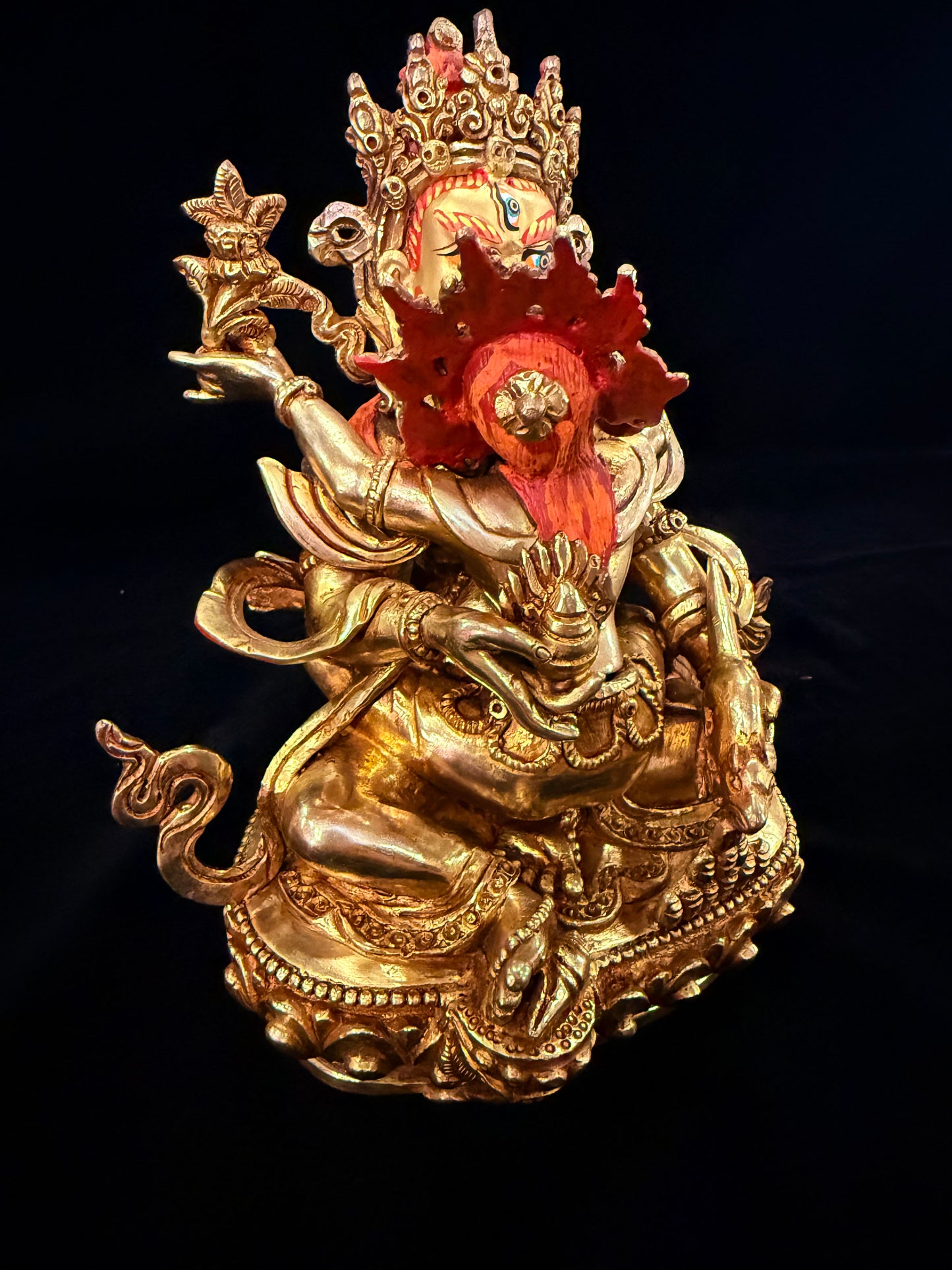 Green Jambhala Buddha Statue 21cm / 8.3" Hand-Carved Copper Gilded – Dzambhala Artisan Masterwork Nepal – Handmade Tibetan Buddhist Statue, Lost-Wax Cast Himalayan Art from Nepal