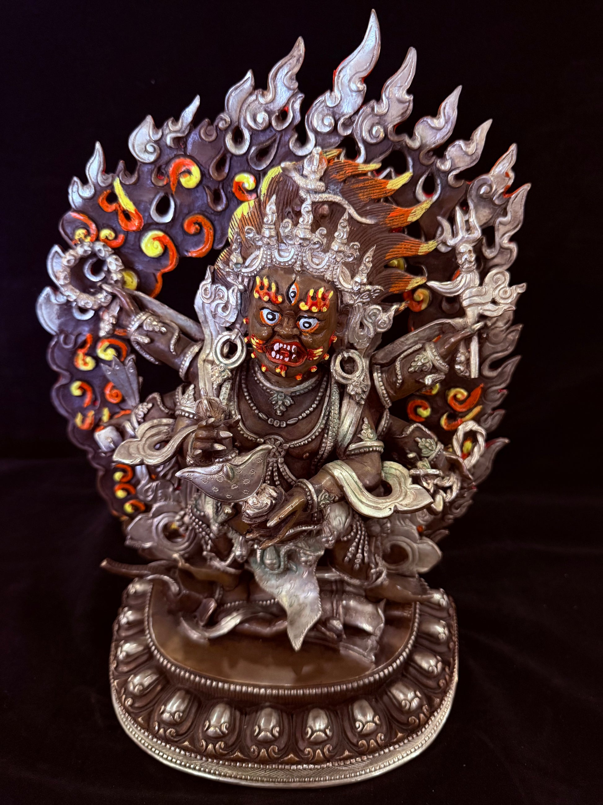 Six-Armed Mahakala Statue 33cm / 13" Hand-Carved Copper Silver-Gilt with Painted Mandorla – Shadbhuja Botree Arts Himalayan Art | Bo Tree Arts