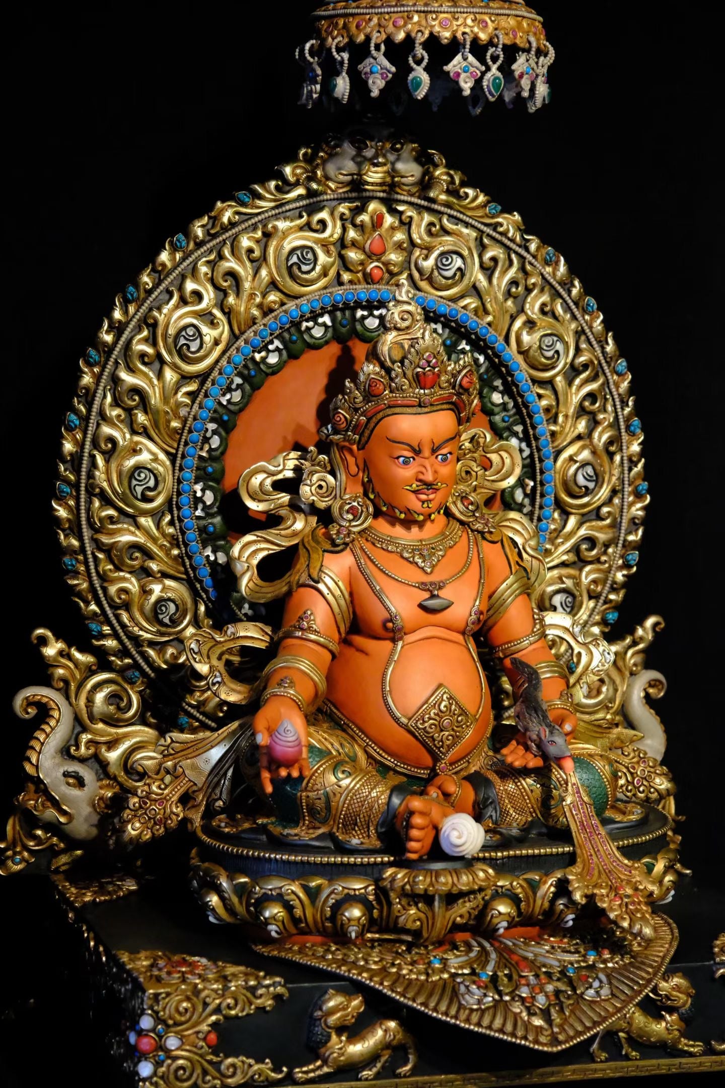 Yellow Jambhala Buddha Statue 58cm / 22.8" Hand-Carved Copper Painted with Gemstone Inlay – Traditional Himalayan Art Collection Nepal | Bo Tree Arts